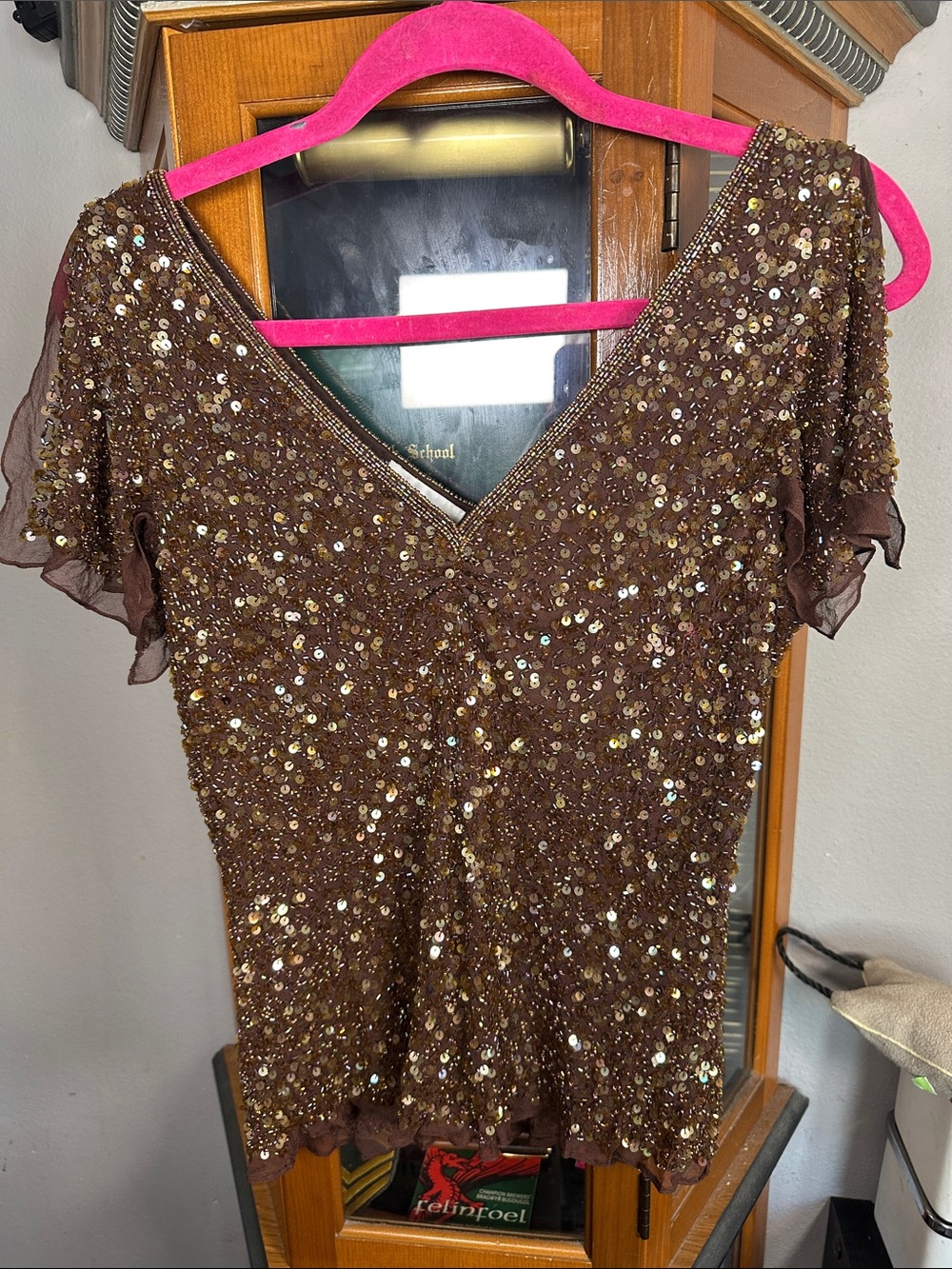 Scala Brown Sequin V-Neck Blouse